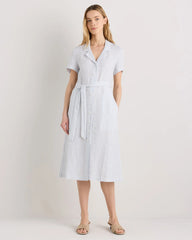 100% European Linen Button Front Dress - XS / Sky Blue Mariner Stripe