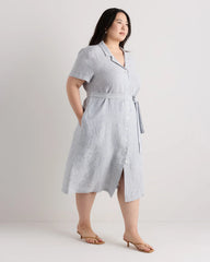 100% European Linen Button Front Dress - 1X / Blue Pinstripe