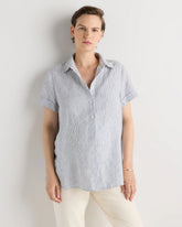 100% European Linen Maternity Camp Shirt - XS / Blue Pinstripe
