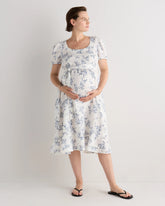 100% European Linen Maternity Short Sleeve Midi Dress - XS / Ivory Porcelain Blue Petite Floral