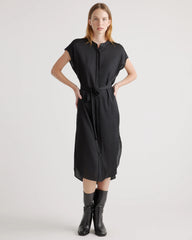 Washable Stretch Silk Midi Shirt Dress - XS / Black