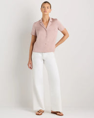 Washable Stretch Silk Short Sleeve Notch Collar Blouse - XS / Vintage Pink
