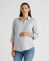 100% European Linen Maternity Long Sleeve Shirt - XS / Blue Pinstripe