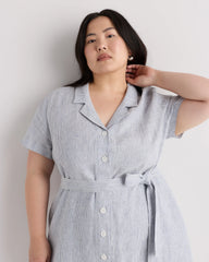 100% European Linen Button Front Dress - 1X / Blue Pinstripe