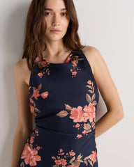 Washable Stretch Silk High Neck Midi Dress - XS / Vintage Navy Roses