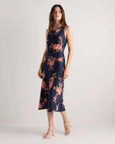 Washable Stretch Silk High Neck Midi Dress - XS / Vintage Navy Roses