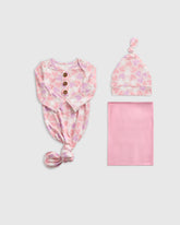 Bamboo Gown, Hat & Swaddle Layette Set - One Size / Lavender Hearts