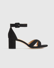 Italian Leather Crisscross Block Heel Sandal - 5 / Black Suede