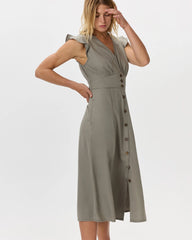 Vintage Wash Tencel Button Front Midi Dress - XS / Olive