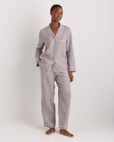 100% European Linen Long Sleeve Pajama Set with Piping - XS / Taupe Brown Gingham