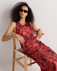 Washable Stretch Silk Tank Midi Dress - XS / Cordovan Red Hibiscus