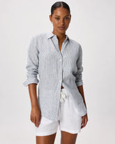 100% European Linen Long Sleeve Shirt - XS / Blue Pinstripe