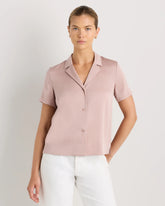 Washable Stretch Silk Short Sleeve Notch Collar Blouse - XS / Vintage Pink