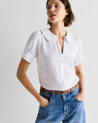 Embroidered Cotton Ruffle Collar Short Sleeve Blouse - XS / Classic White