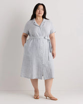 100% European Linen Button Front Dress - 1X / Blue Pinstripe
