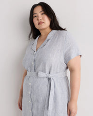 100% European Linen Button Front Dress - 1X / Blue Pinstripe