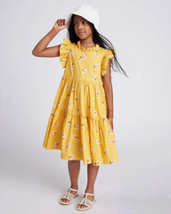 100% Cotton Poplin Ruffle Sleeve Dress - 6 / Golden Daisy