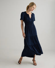Washable Stretch Silk Tiered Maxi Dress - XS / Navy