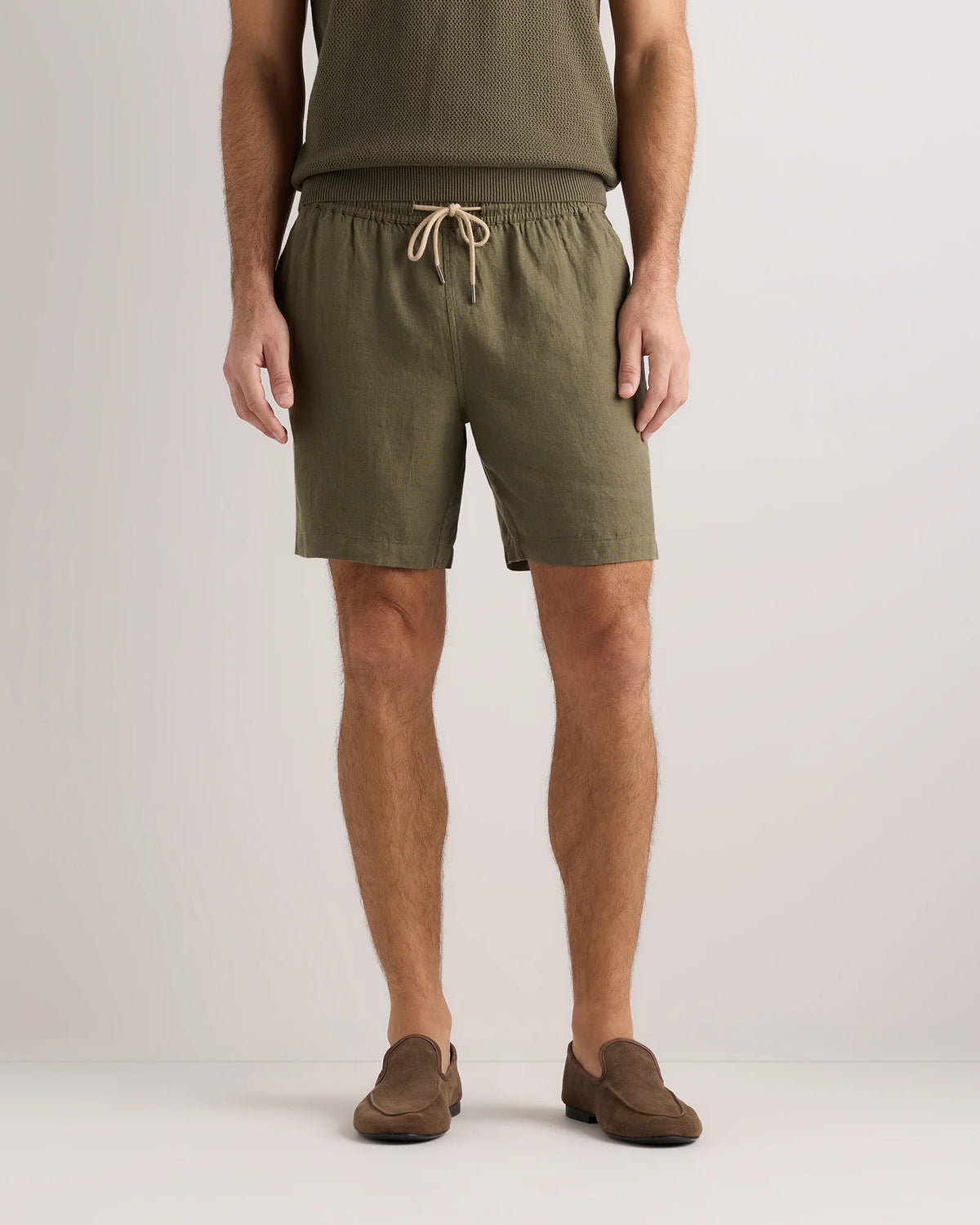 100% European Linen Drawstring Beach Shorts - 7" - XS / Taupe Brown Chambray
