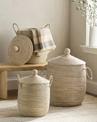 Handwoven Seagrass Lidded Storage Baskets (Set of 3) - Set of 3 (S/M/L) / White Wash
