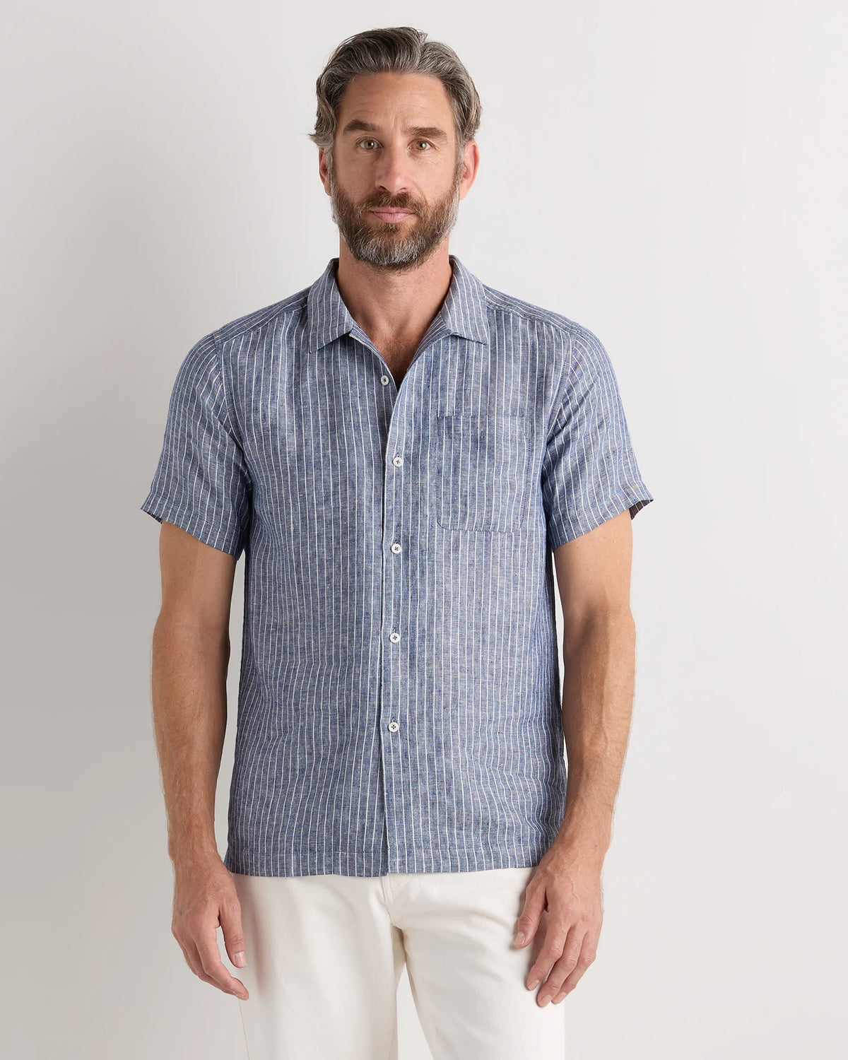 100% European Linen Camp Shirt - XS / Sky Blue Mariner Stripe