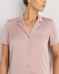 Washable Stretch Silk Short Sleeve Notch Collar Blouse - XS / Vintage Pink