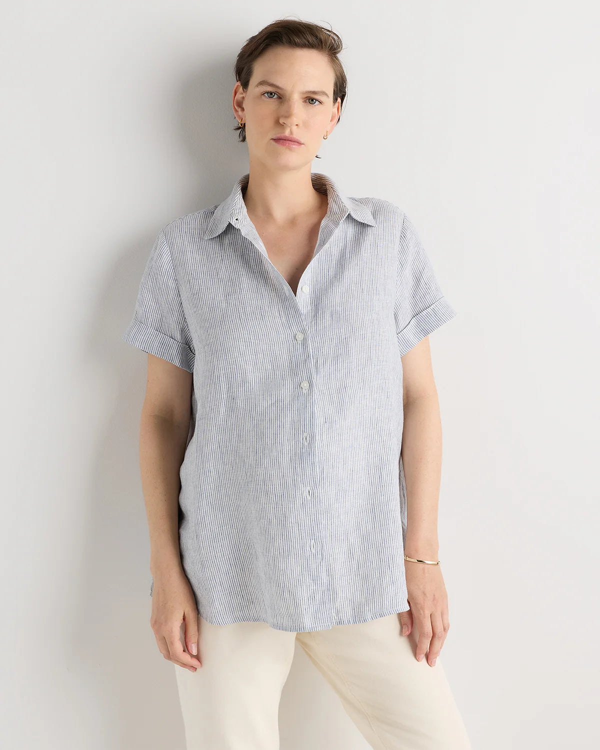 100% European Linen Maternity Camp Shirt - XS / Blue Pinstripe