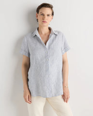 100% European Linen Maternity Camp Shirt - XS / Blue Pinstripe