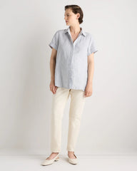 100% European Linen Maternity Camp Shirt - XS / Blue Pinstripe