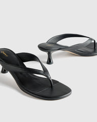 Italian Leather Thong Kitten Heel Sandal - 5 / Black