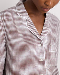 100% European Linen Long Sleeve Pajama Set with Piping - XS / Taupe Brown Gingham