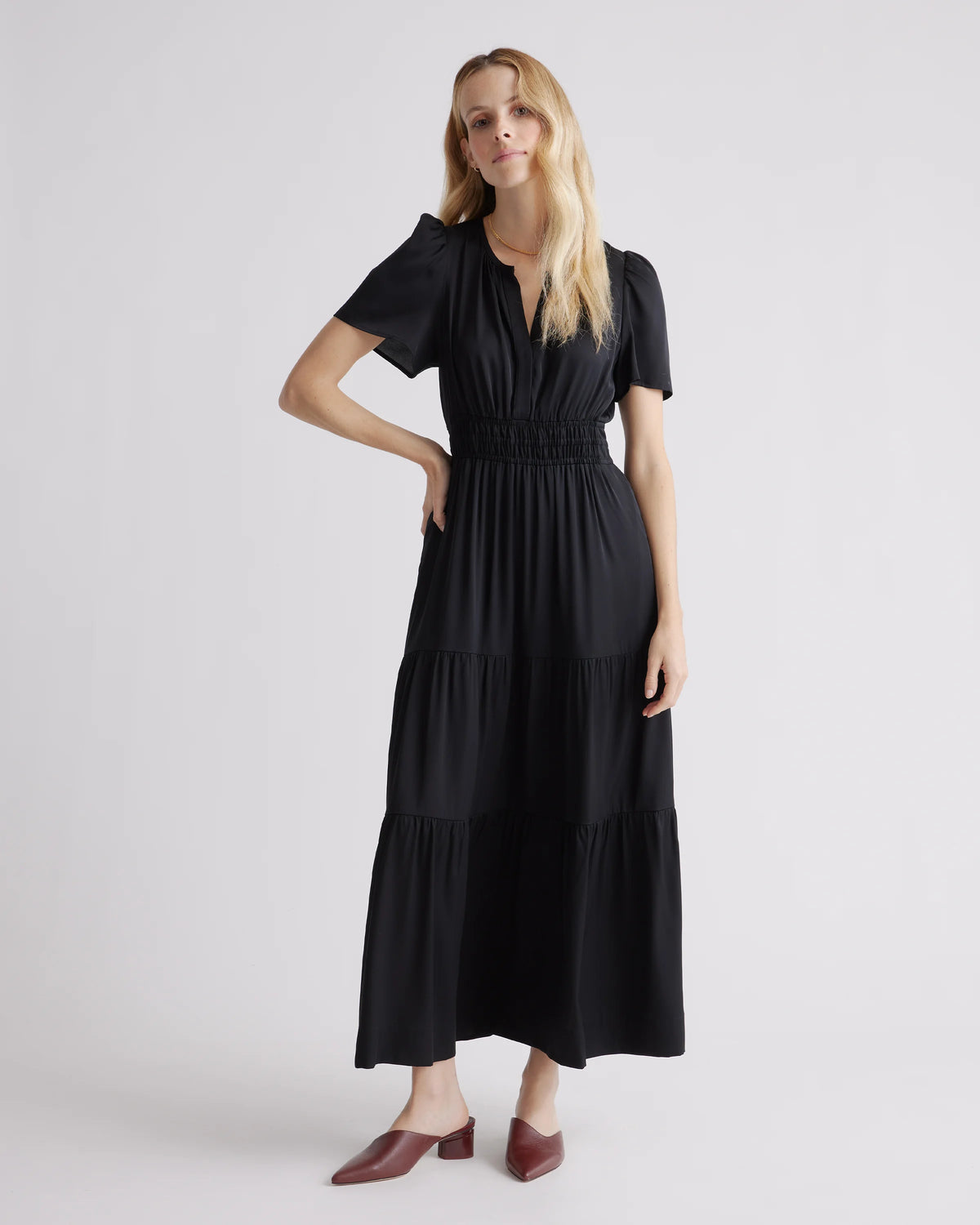Washable Stretch Silk Tiered Maxi Dress - XS / Navy