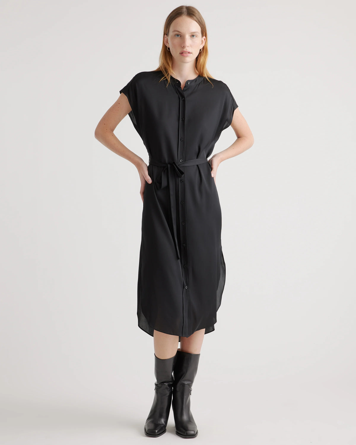 Washable Stretch Silk Midi Shirt Dress - XS / Black