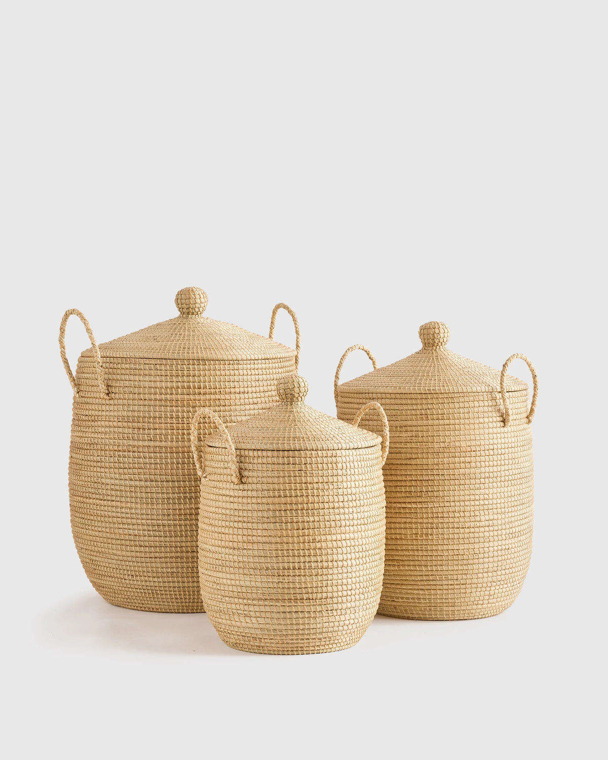 Handwoven Seagrass Lidded Storage Baskets (Set of 3) - Set of 3 (S/M/L) / White Wash