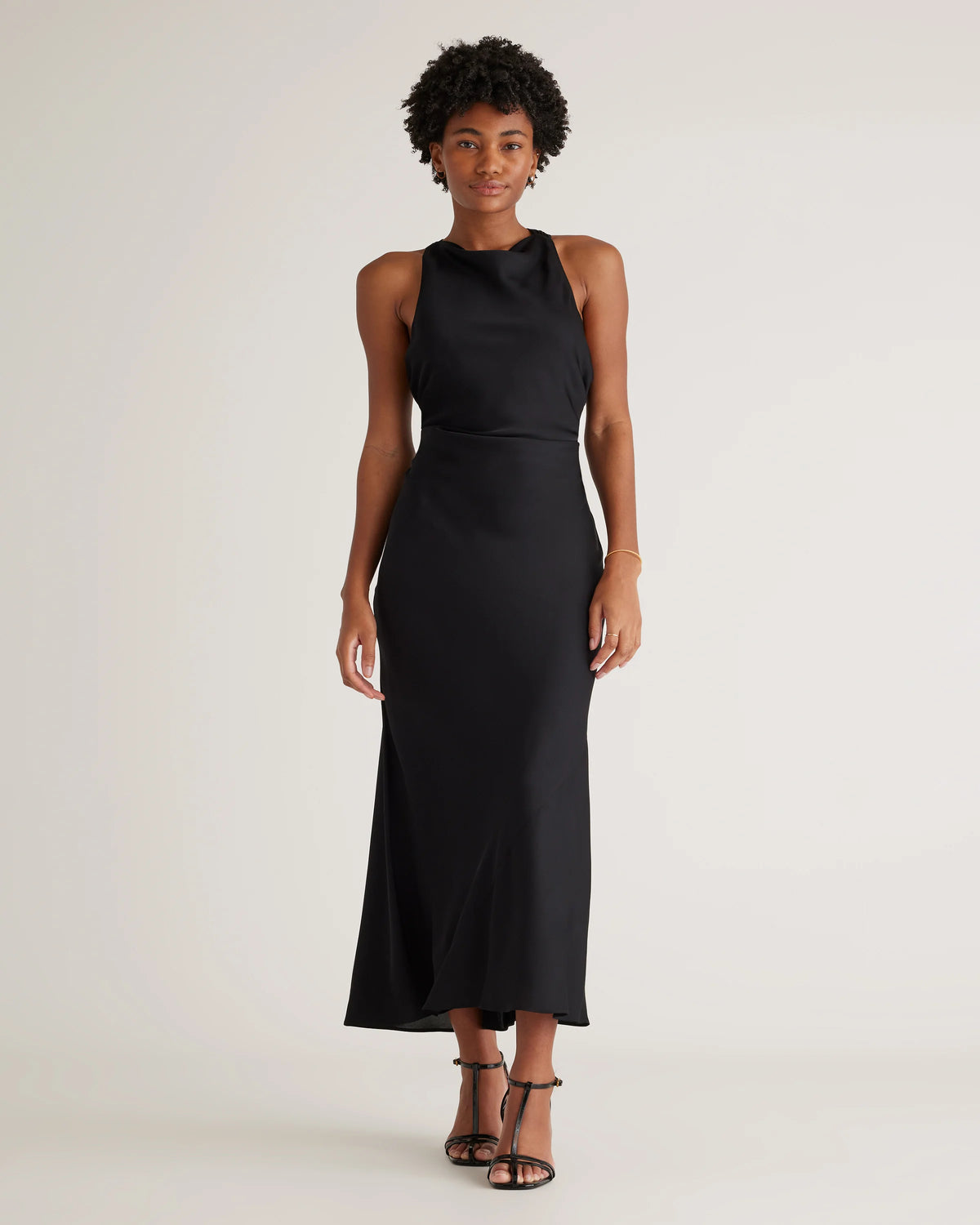 Washable Stretch Silk High Neck Midi Dress - XS / Vintage Navy Roses