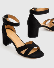 Italian Leather Crisscross Block Heel Sandal - 5 / Black Suede