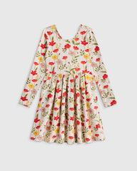 Organic Cotton Long Sleeve Skater Dress - 6 / Red Poppy Garden