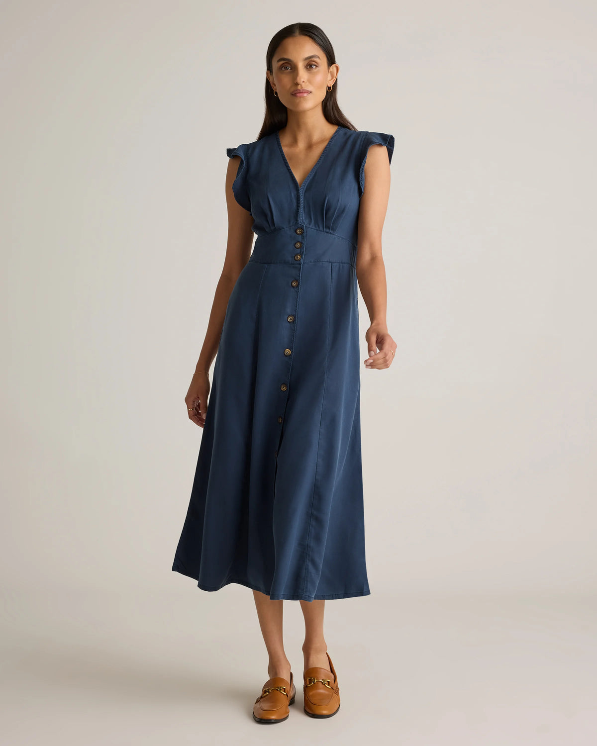 Vintage Wash Tencel Button Front Midi Dress - XS / Olive