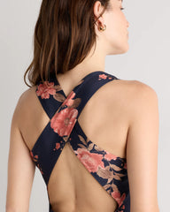 Washable Stretch Silk High Neck Midi Dress - XS / Vintage Navy Roses