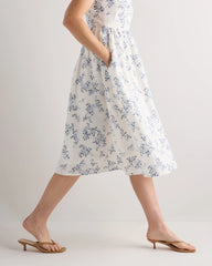 100% European Linen Fit & Flare Midi Dress - XS / Ivory Porcelain Blue Petite Floral