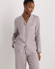 100% European Linen Long Sleeve Pajama Set with Piping - XS / Taupe Brown Gingham