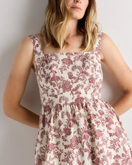 100% European Linen Fit & Flare Midi Dress - XS / Brick Red Heirloom Floral