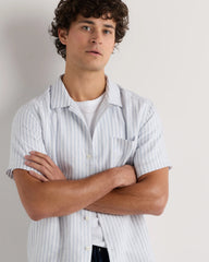 100% European Linen Camp Shirt - XS / Sky Blue Mariner Stripe
