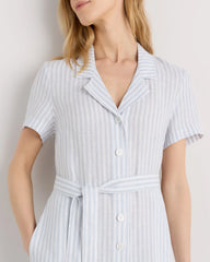 100% European Linen Button Front Dress - XS / Sky Blue Mariner Stripe
