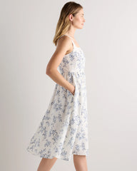 100% European Linen Fit & Flare Midi Dress - XS / Ivory Porcelain Blue Petite Floral