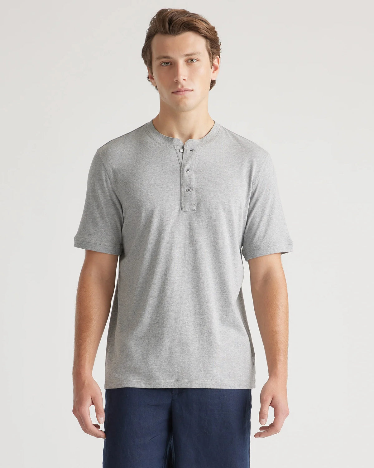 Cotton Modal Short Sleeve Henley Tee - S / Heather Grey
