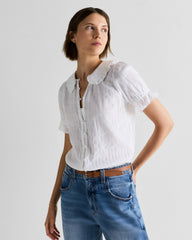 Embroidered Cotton Ruffle Collar Short Sleeve Blouse - XS / Classic White