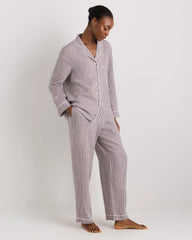 100% European Linen Long Sleeve Pajama Set with Piping - XS / Taupe Brown Gingham
