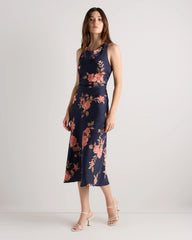 Washable Stretch Silk High Neck Midi Dress - XS / Vintage Navy Roses