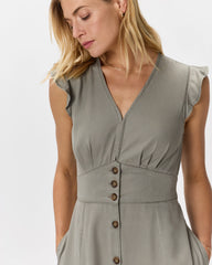 Vintage Wash Tencel Button Front Midi Dress - XS / Olive